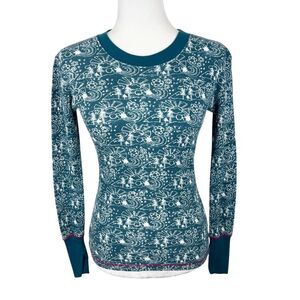 OP Sweater Women Extra Small Green Graphic Print Waffle Knit Pullover Crew Jrs